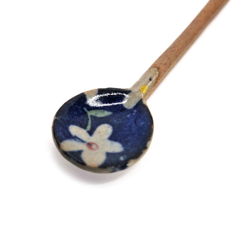 Cuillère en céramique japonaise, motifs fleurs bleu ,AOI HANA