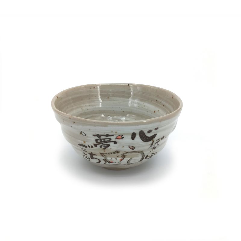 Japanese ceramic rice bowl, gray CAT illustrations - NEKO