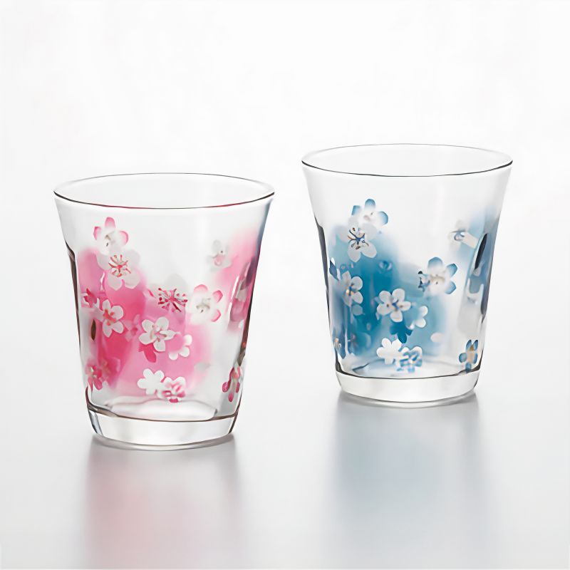 Set of 2 Japanese glasses with blue and pink sakura patterns HANAKOTOBA