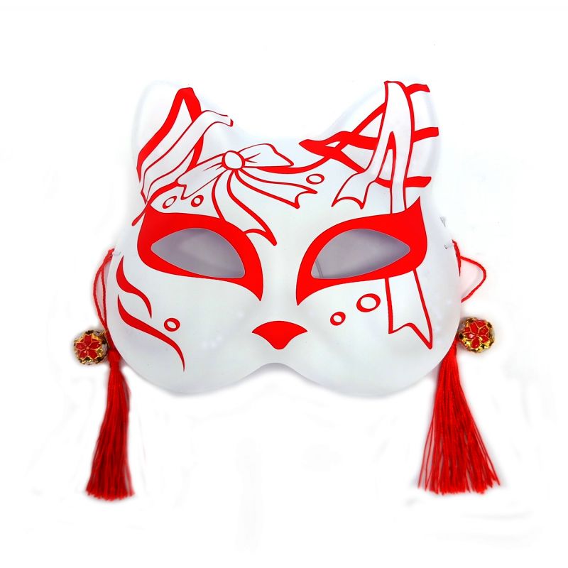 Media máscara japonesa de gato blanco, lazo rojo