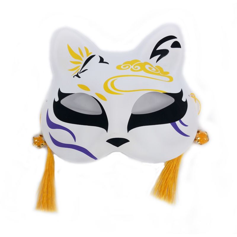 Media máscara japonesa de gato blanco, patrón de nubes amarillas, Kiiroi kumo