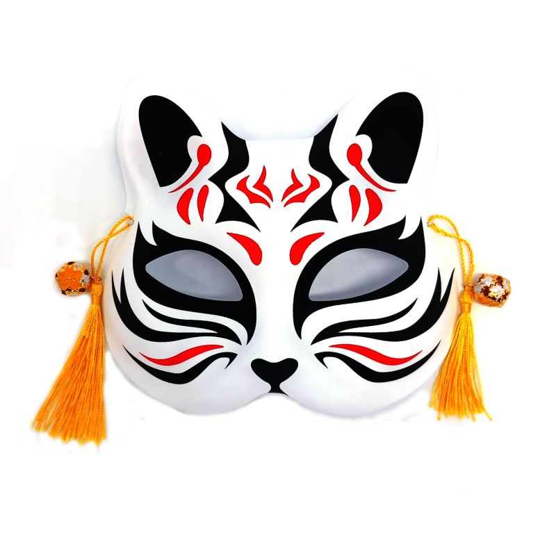 Japanese white cat half mask, black and red pattern, Kuro to aka no moyō