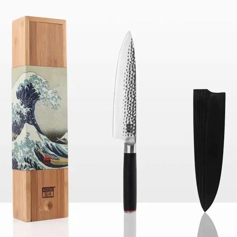 Gyuto KOTAI hammered Japanese kitchen knife (chef's knife) with saya and bamboo box - blade 20 cm