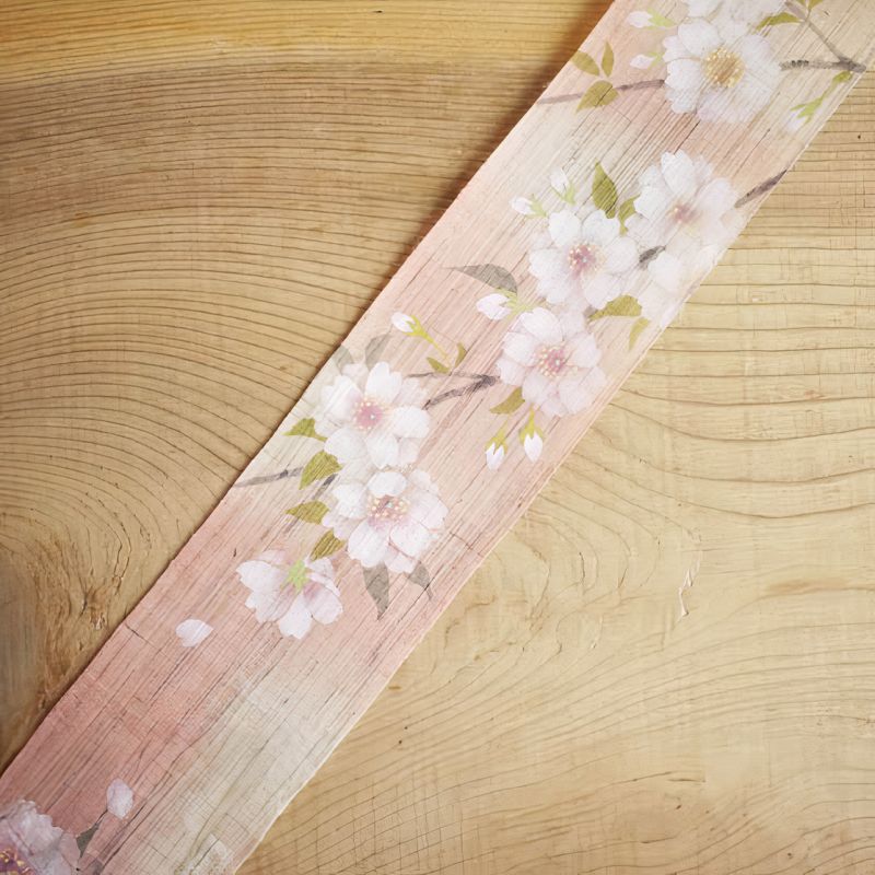 Fine tapisserie japonaise en chanvre peinte à la main, YAEZAKURA, Fleur de Cerisier Doubles