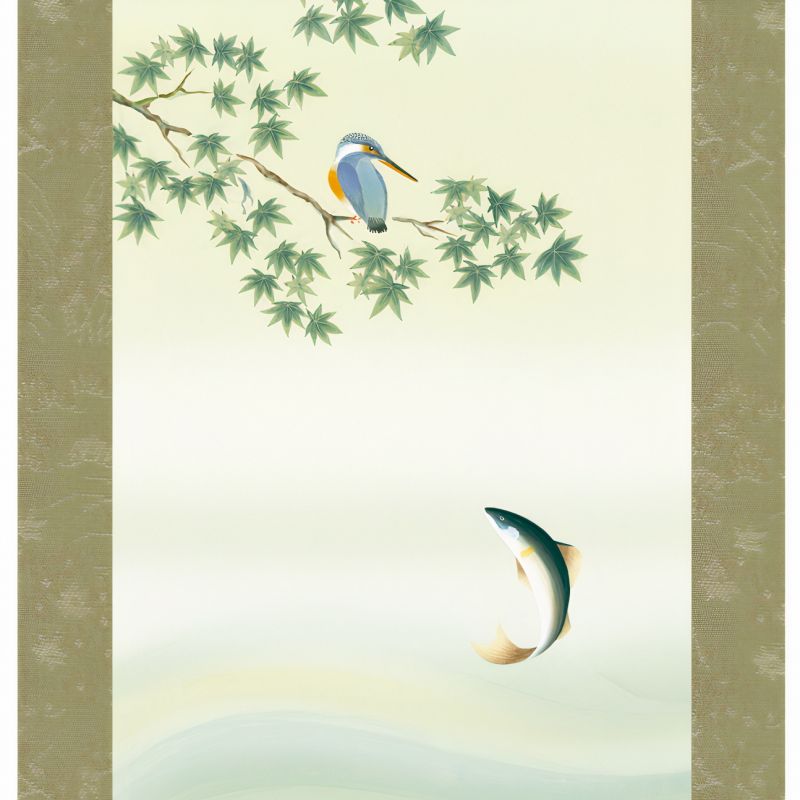 Japanese kakemono kakejiku, fish and kingfisher - SAKANA