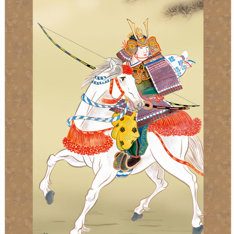 Kakemono giapponese Kakejiku, Samurai sul suo cavallo bianco - BUSHI