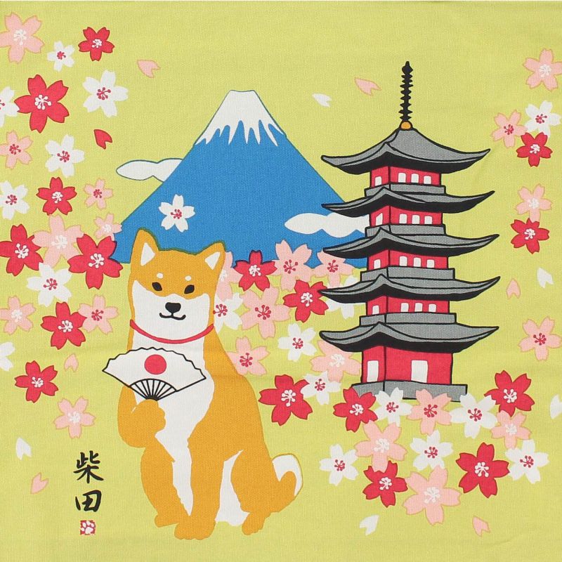 Bolso Tote 100% algodón Perro Shiba Monte Fuji y Pagoda - FUJISAN TO PAGODO