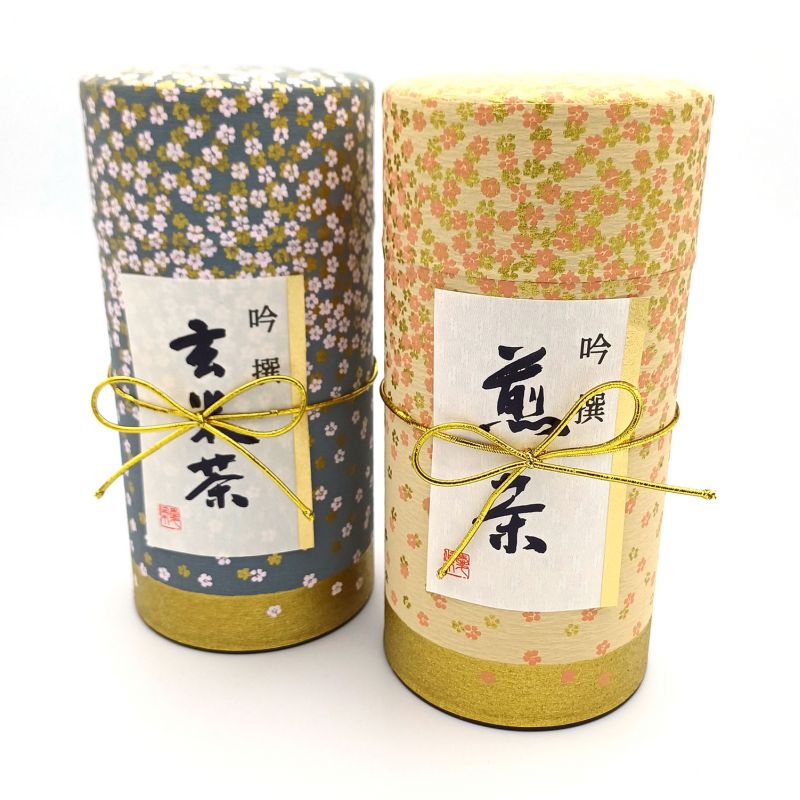 Duo di barattoli di tè giapponese blu e verde ricoperti di carta washi, HANAZONO, 200 g