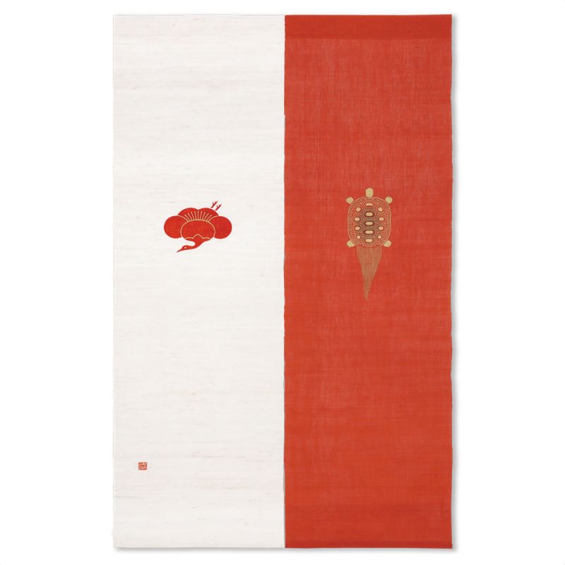 Noren in canapa rossa e bianca dipinta a mano con motivo gru e tartaruga, UMEKAKUMON, 88 x 150 cm