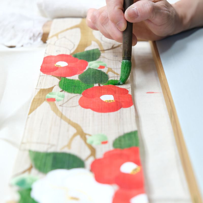 Fine tapisserie japonaise en chanvre peinte à la main, camélias, Wabisuke Tsubaki