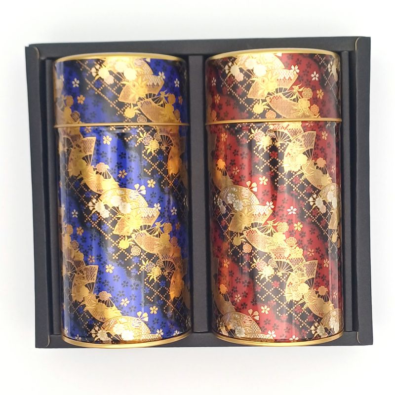 Duo aus blauen und roten metallischen japanischen Teedosen, GORUDEN, 200 g