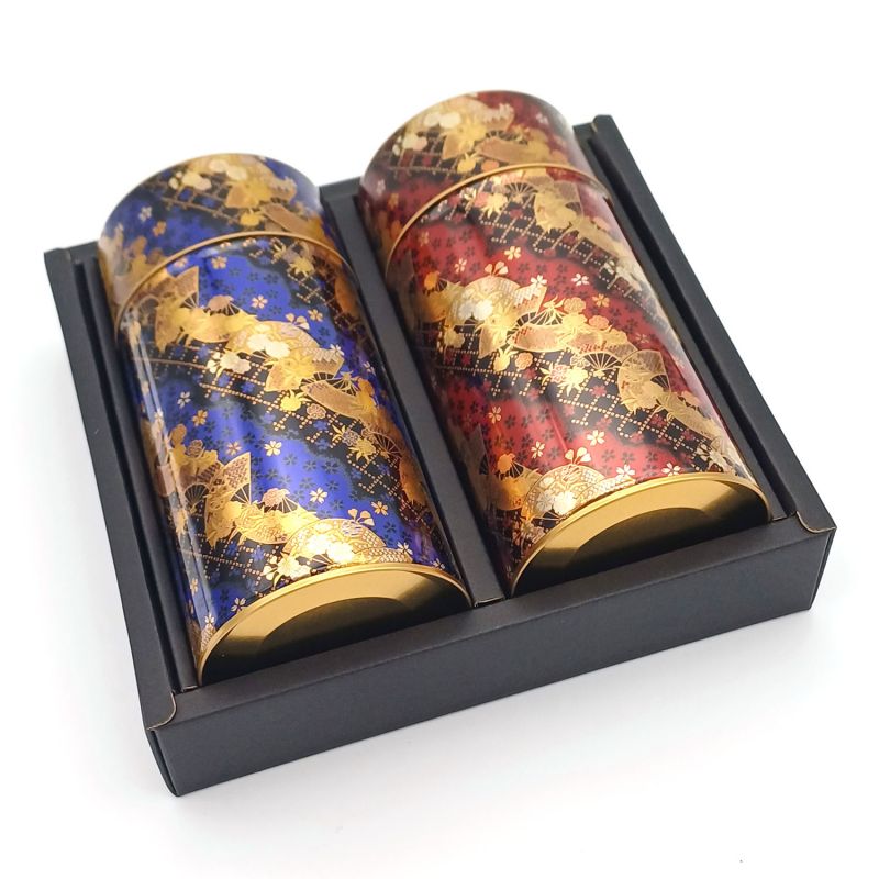 Duo di scatole da tè giapponesi metallizzate blu e rosse, GORUDEN, 200 g