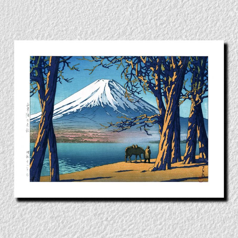 reproduction d'estampe de Kawase Hasui, Fin de l'automne au lac Yamanaka, Yamanakako no banshu