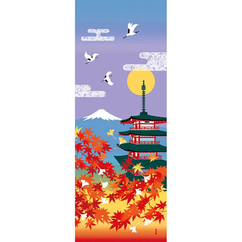 Serviette de toilette en coton, TENUGUI, Feuilles d'automne, Pagode à cinq étages, Mont Fuji, AKI