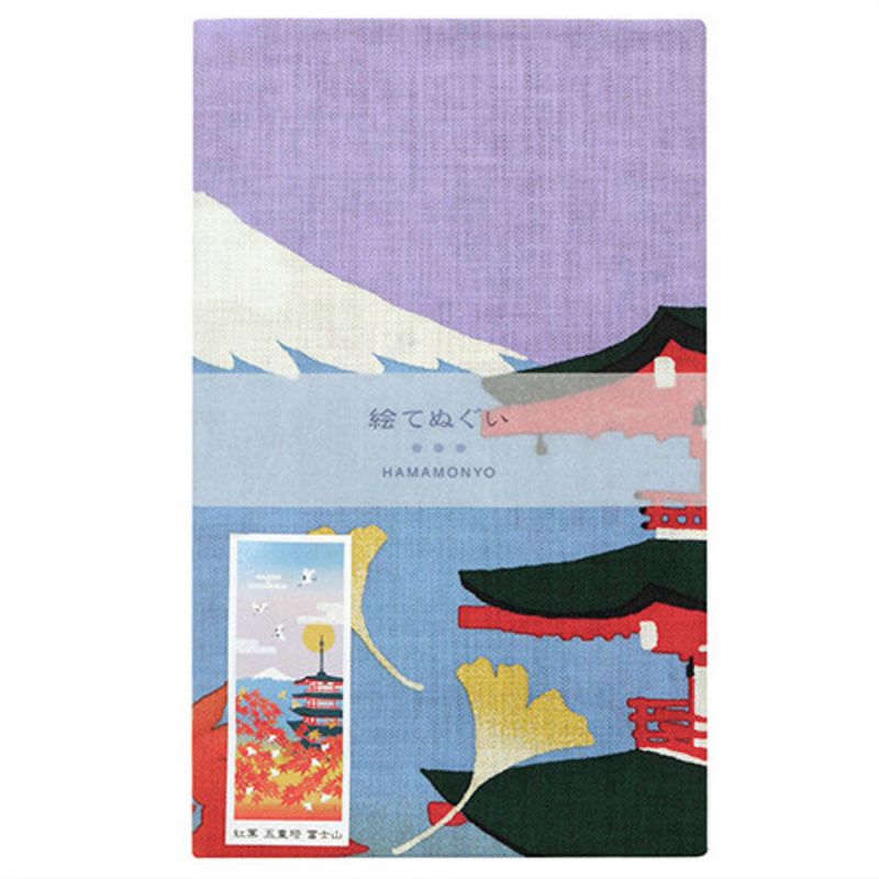Toalla de mano de algodón, TENUGUI, Hojas de otoño, Pagoda de cinco pisos, Monte Fuji, AKI