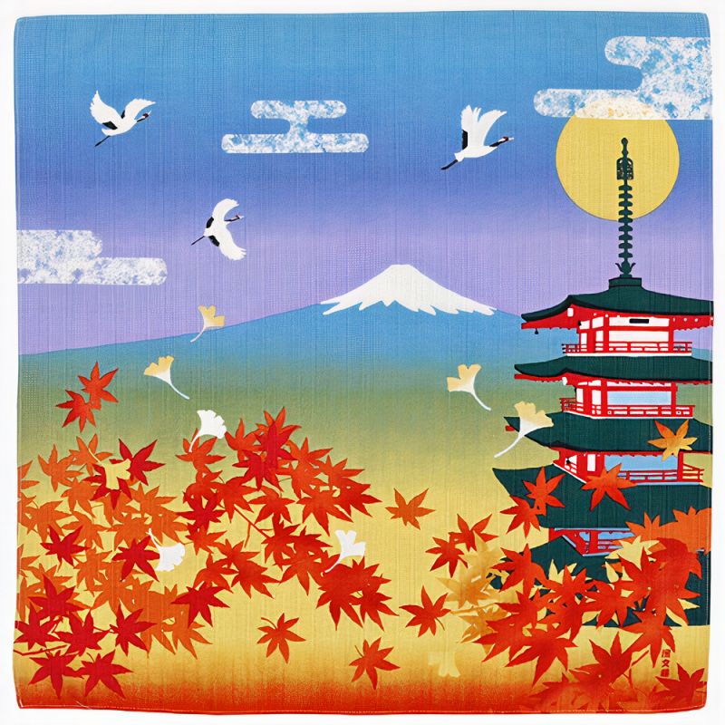 Japanese Furoshiki for wrapping Bento, Autumn leaves Five-story pagoda Mount Fuji