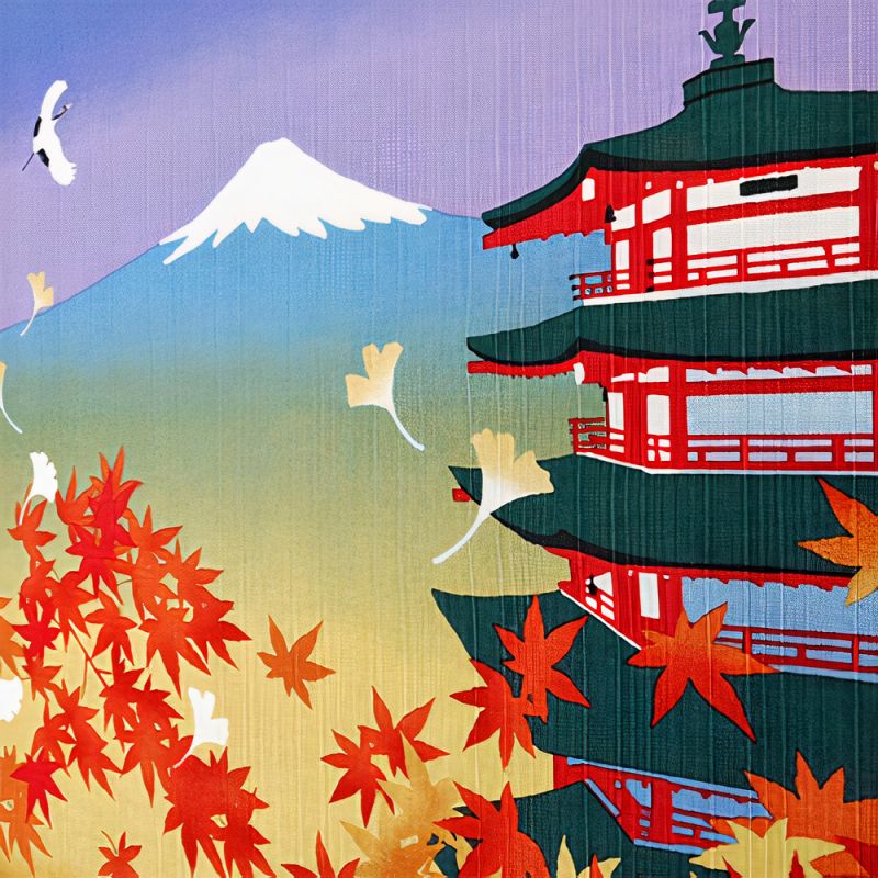 Japanisches Furoshiki zum Einwickeln von Bento, Herbstblätter. Fünfstöckige Pagode des Fuji