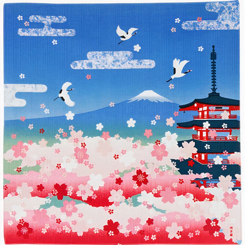 Japanisches Furoshiki zum Einwickeln von Bento, Kirschblüten, fünfstöckige Pagode, Berg Fuji