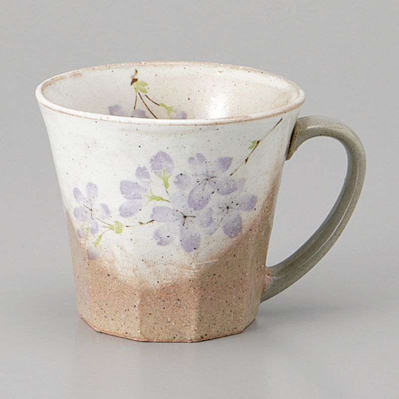 Japanese ceramic mug with handle, beige and purple - SAKURA