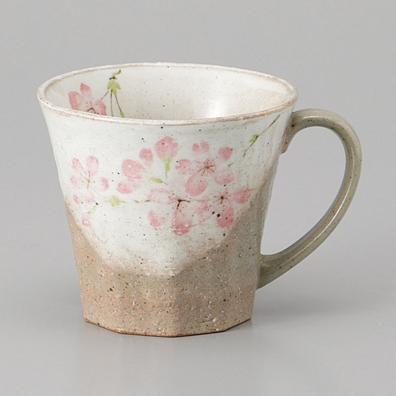 Japanischer Keramikbecher mit Griff, beige und pink - SAKURA