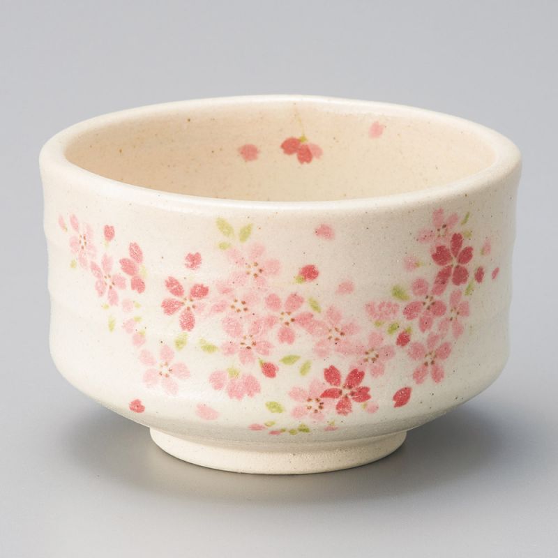 Japanische Teezeremonie Schüssel - Chawan, beige, rosa Blumen, SAKURA