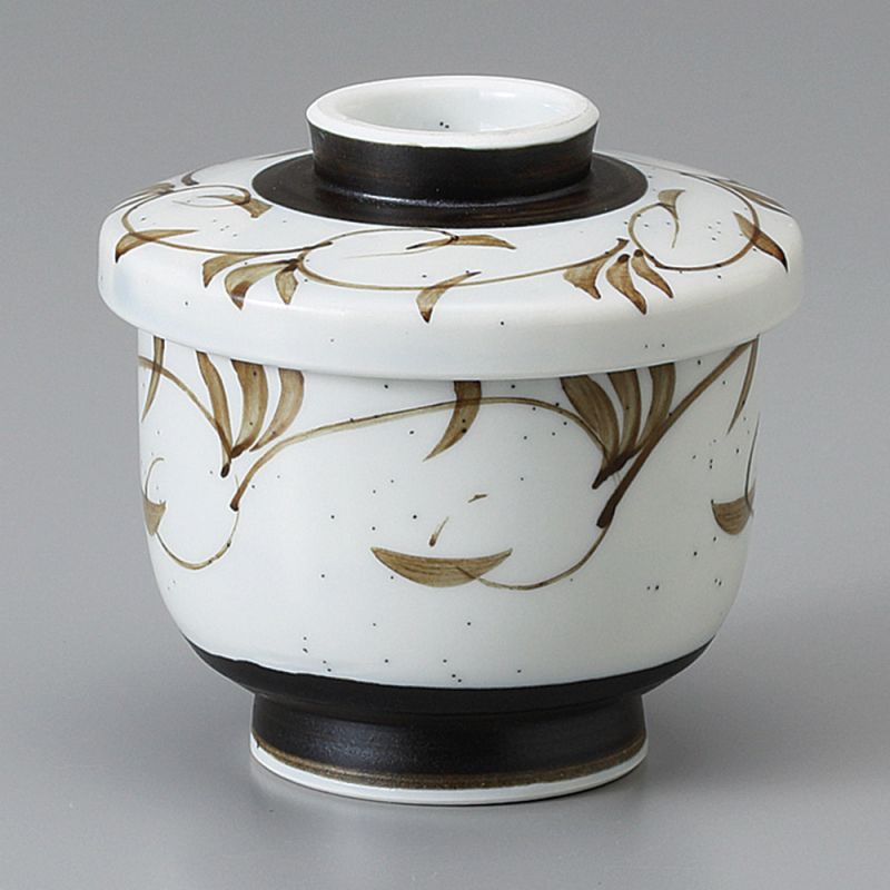 Japanese mug with chawan mushi lid, gray and brown arabesques - ARABESUKU