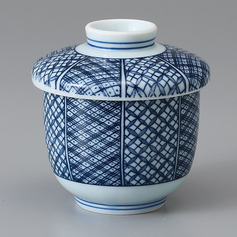 Japanese Chawanmushi tea bowl with lid, blue and white, AOJIRO