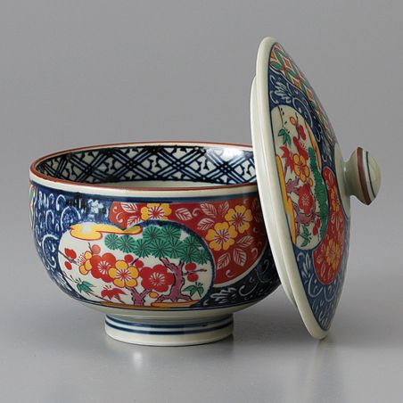 Japanese Chawanmushi tea bowl with lid, floral pattern, KOIMARI