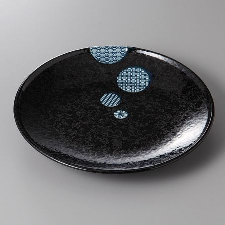 japanese round plate, MARUKOMON, black