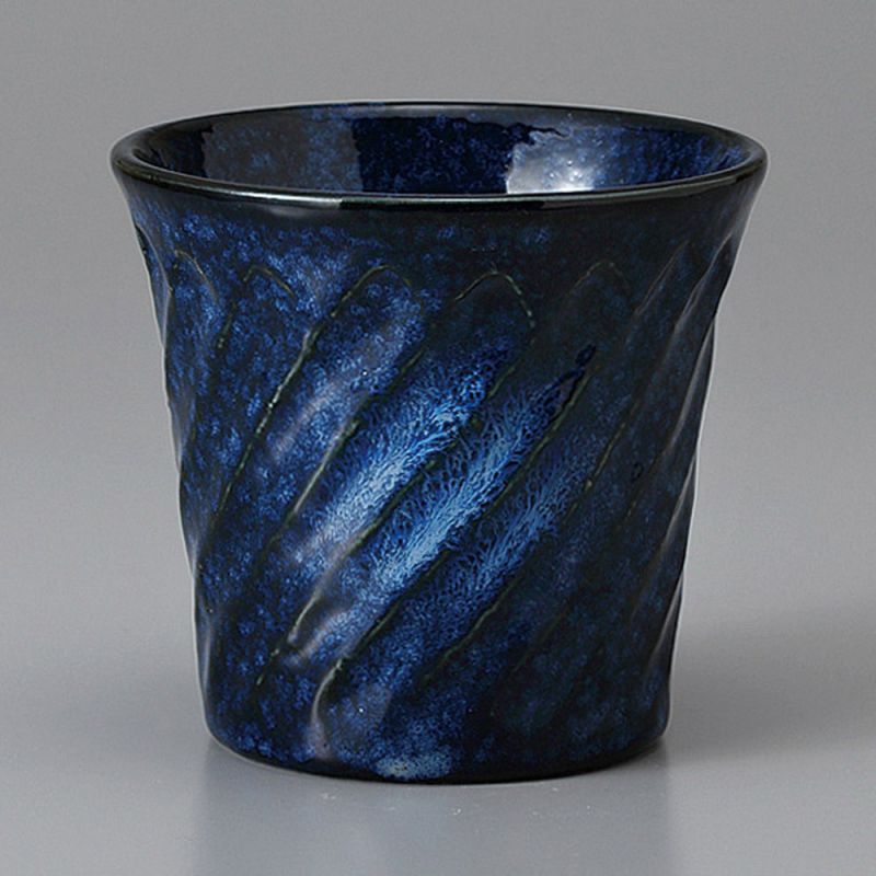 Japanese flared ceramic tea cup, midnight blue, diagonal stripes - MIDDONAITOBURU