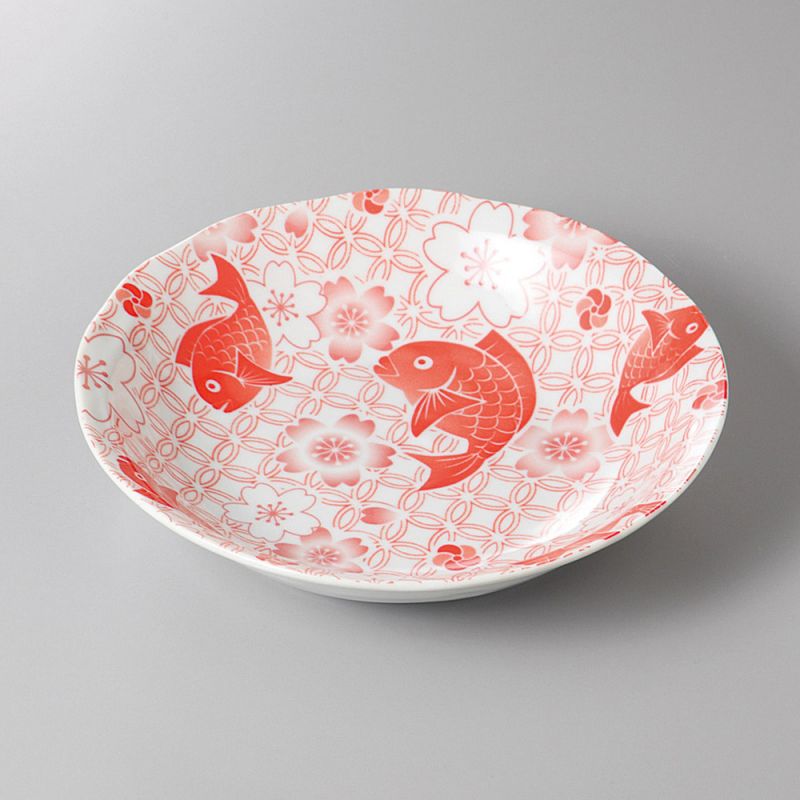 Runde Keramik tiefe Platte, Rot, Fisch und Sakura Muster - SHIPPO
