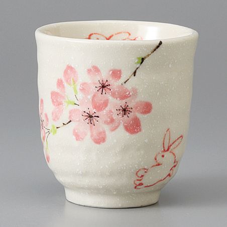 Tazza da tè in ceramica giapponese, bianco e fiori di ciliegio - SAKURA USAGI