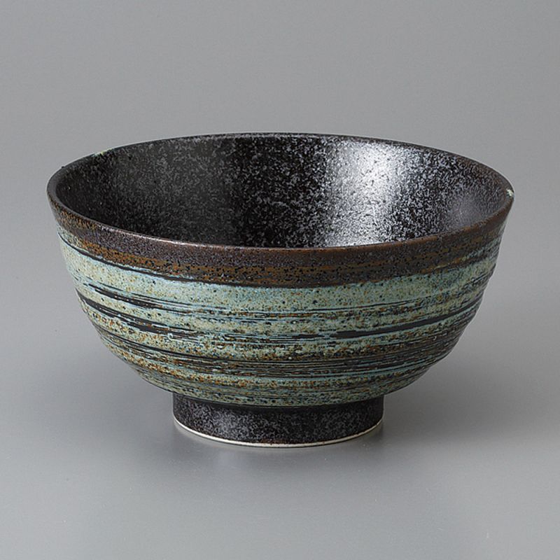 Japanese ceramic donburi bowl, black, brown blue reflections - HANTEN