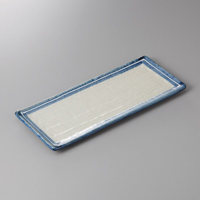 Japanische rechteckige Platte aus weißer Keramik mit blauen Rändern - BODAZU