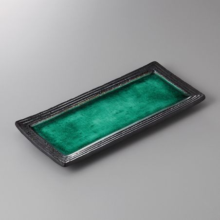 Japanese rectangular plate, green crackled enamel, WARETA