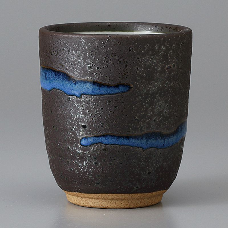 Taza de té de cerámica japonesa, línea marrón y azul - RAIN