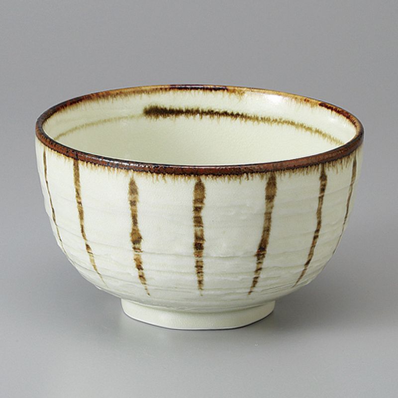 Bol donburi japonais en céramique beige lignes verticales marron - SUICHOKU SEN - 12.5cm