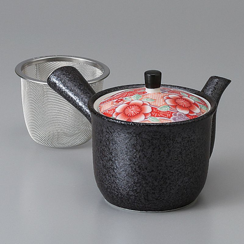 Théière traditionnelle japonaise en céramique noire et fleurs rouges, KOUME, 270 cc
