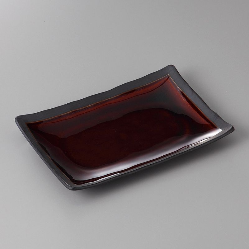 Piatto piccolo rettangolare in ceramica giapponese, marrone, bordo grezzo - KIGAMI