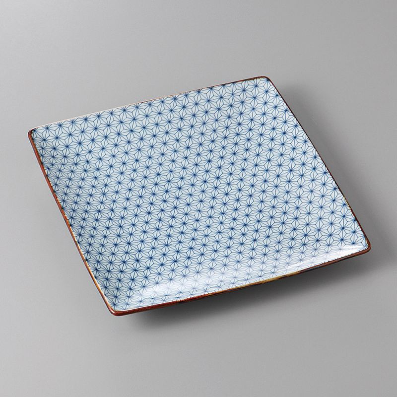 assiette carrée japonaise, SASHIKO ASANOHA, blanche et bleue