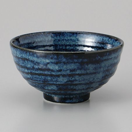 Japanese ceramic rice bowl, blue with dark lines - KURAI SEN