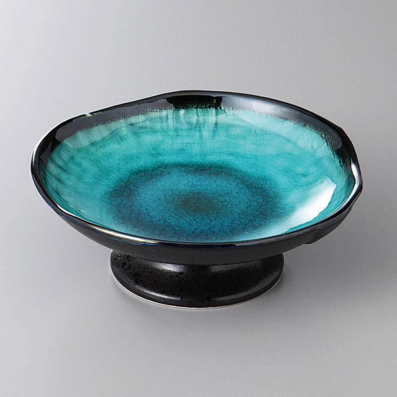 Small round Japanese ceramic plate, raised, ocean blue glazed, KAIYO