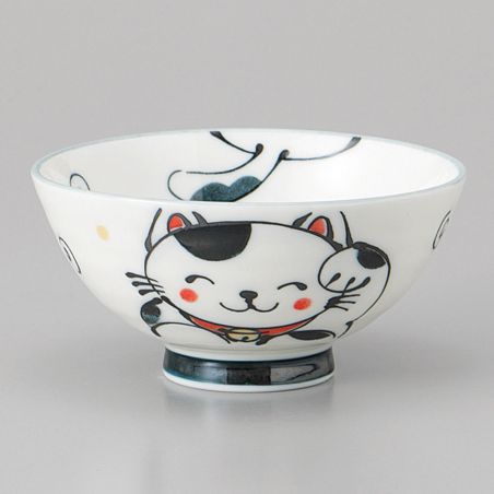 Gato de la suerte manekineko japonés blanco y gris en cerámica