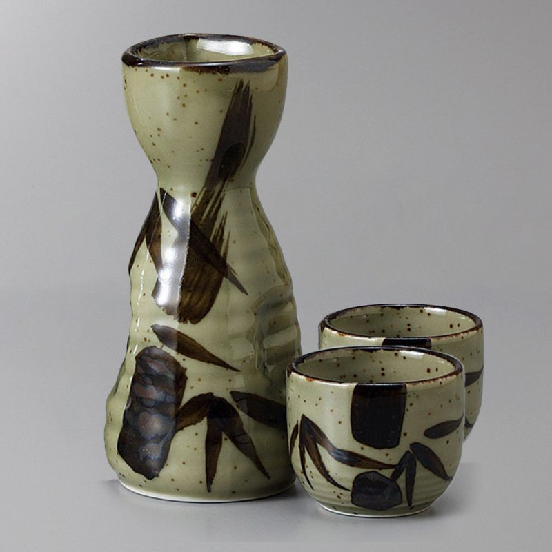 Servizio di sake giapponese in ceramica, 2 bicchieri e 1 bottiglia, TAKE