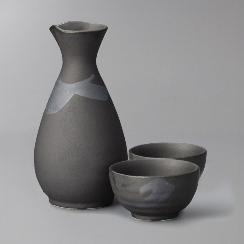 Service à saké en céramique, bouteille et 2 tasses, noir et gris argenté - GIN