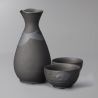 Servicio de sake de cerámica, botella y 2 tazas, negro y gris plateado - GIN