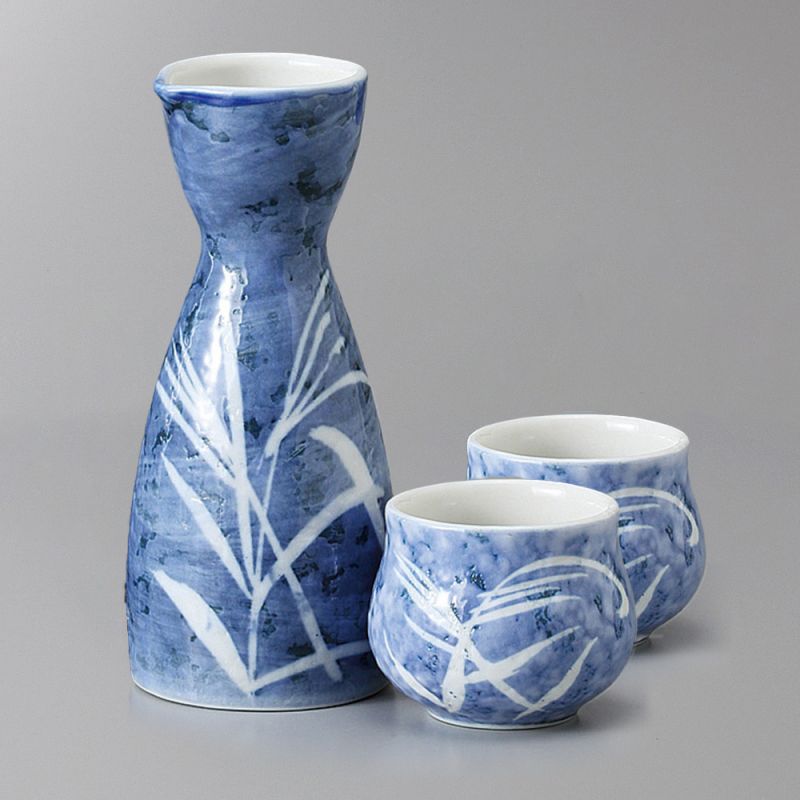 Servicio de sake de cerámica, botella y 2 tazas, azul y blanco - TAKE