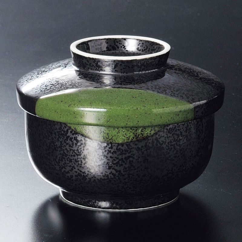 Bol à thé japonais Chawanmushi avec couvercle, noir et vert - SANKAKKEI