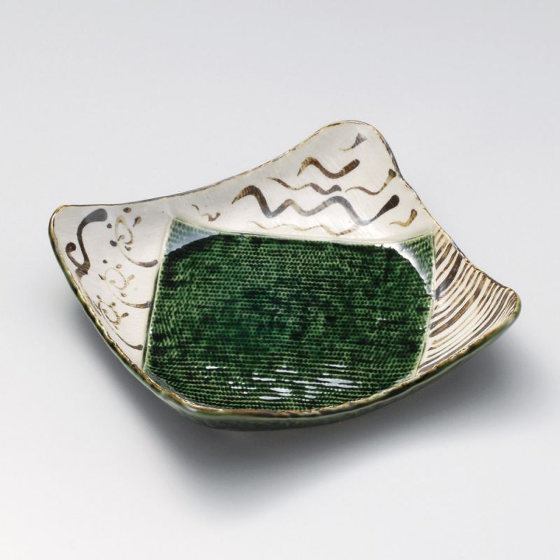 Plato cuadrado japonés con bordes de cerámica beige y verde - CHUO HIROBA