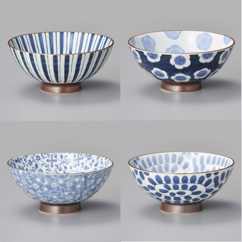 Set de 4 bols à riz japonais en céramique blanc, motifs variés bleus - SAMAZAMANA